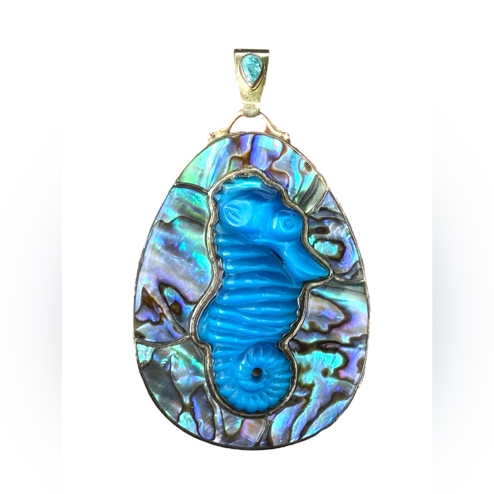 RARE  Sajen 925 Sterling silver  pendant Seahorse Abalone handmade Bali